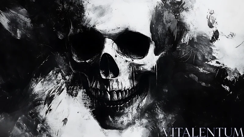 Monochrome skull emerges from chaotic ink shadows.