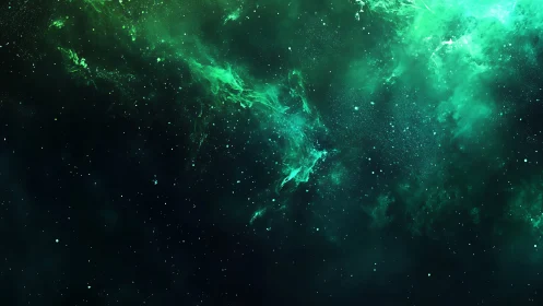 Green cosmic nebula cloud over deep black star field.
