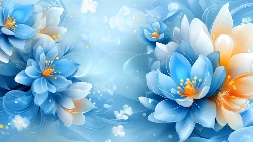 Blue and white flowers bloom in ethereal floral dreamscape.