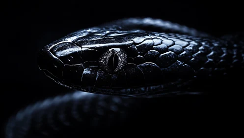 Close-up profile of dark snake head in low key lighting.