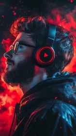 Profile portrait with neon red headphones and firelight glow.