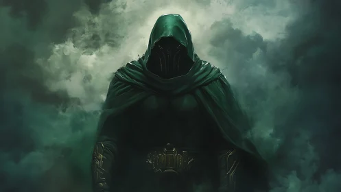 Hooded armored figure emerges from swirling emerald fog