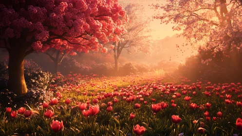 Sunlit tulip meadow glows beneath blooming pink trees.