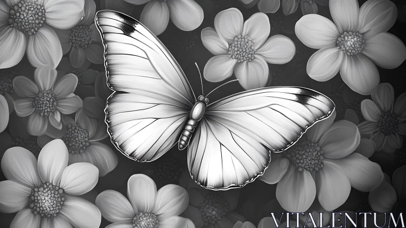 Monochrome butterfly with detailed wings on floral backdrop