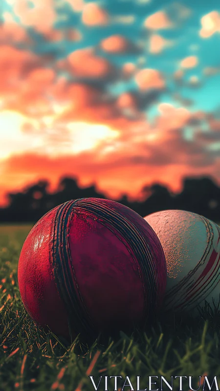 Cricket balls on grass under vivid sunset sky.