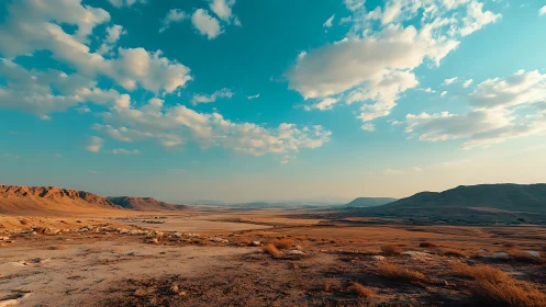 Desert valley panorama under teal sky with drifting clouds.