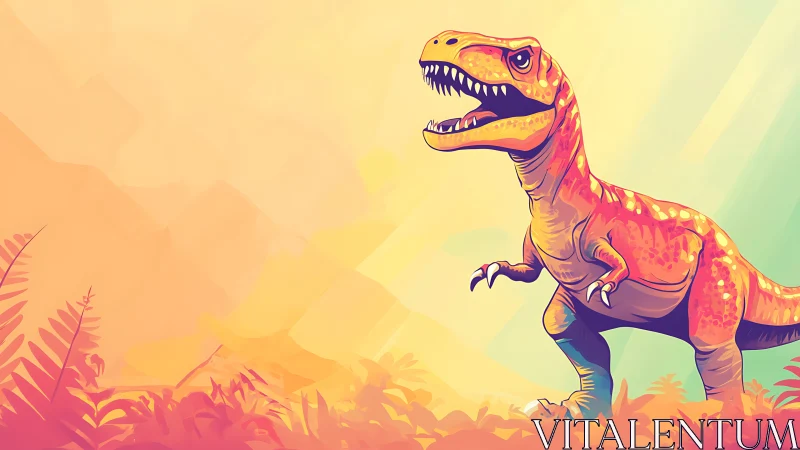 Sunrise roar of a neon T. rex in pastel junglescape.