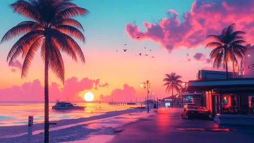 Neon sunset boulevard by the sea, soft pastel glow dreams.