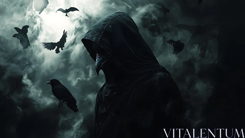 Hooded plague mask figure amid crows in dark foggy sky.