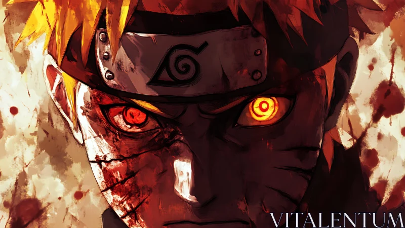 Intense anime warrior close-up with blazing orange eyes.