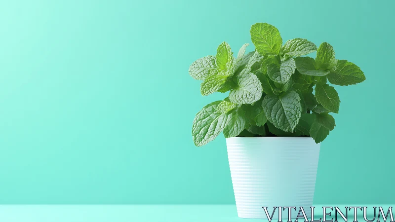 Potted mint plant is centered against uniform teal backdrop