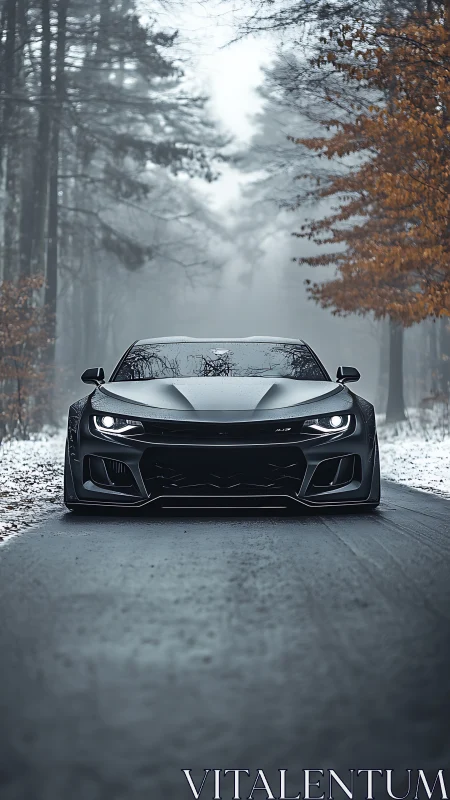 Low black sports car on winter forest road in foggy light.