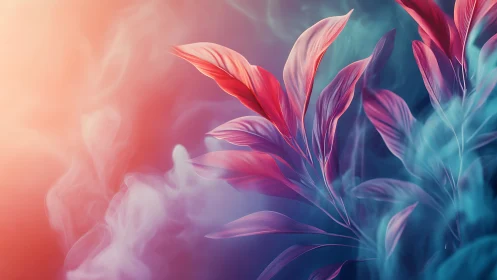 Pink leaves emerge sharply against diffuse blue background