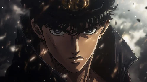 Intense anime hero portrait under drifting embers.