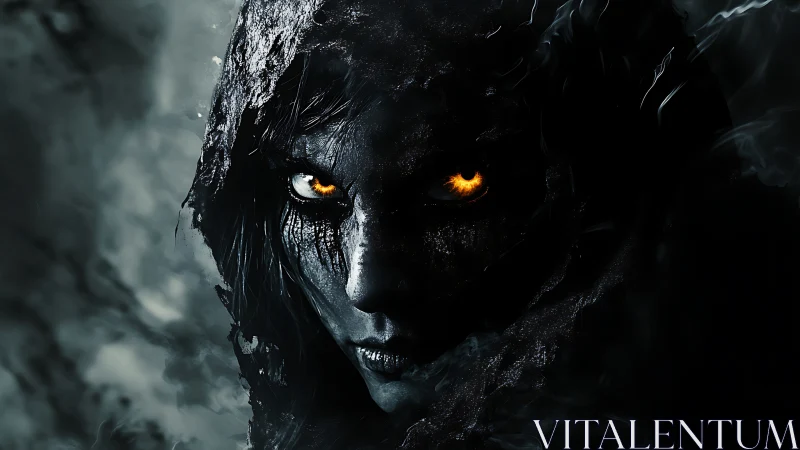 Midnight wraith with burning ember eyes emerging from void.