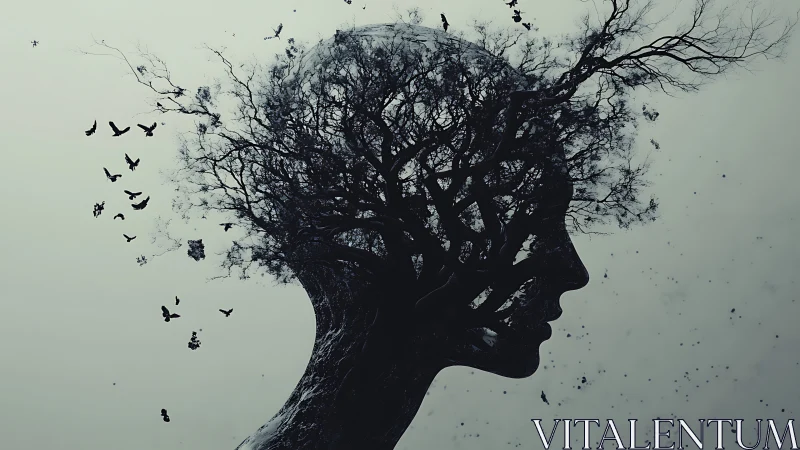 Double exposure silhouette with branching tree mindscape