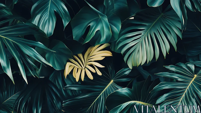 Golden leaf nestled in deep teal tropical jungle layers.
