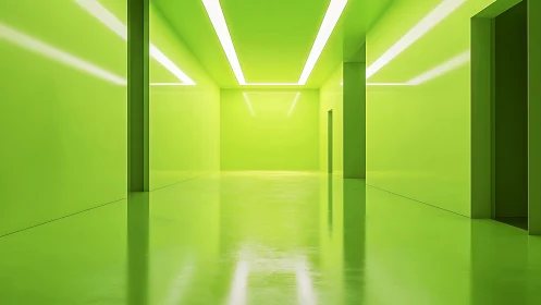 Minimalist 3D rendered corridor with geometric linear light and emerge reflecting polished floor sur