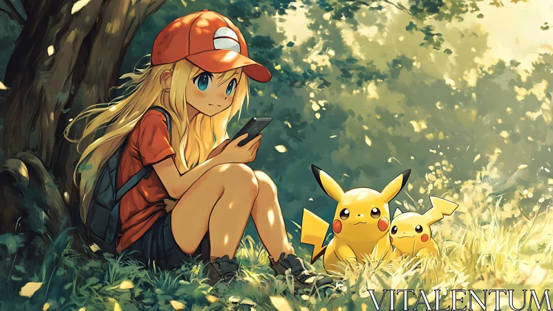Sunlit forest break with trainer girl and Pikachu friends.