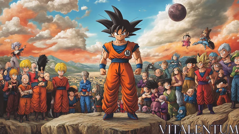 Heroic anime fighter stands proud among loyal friends.