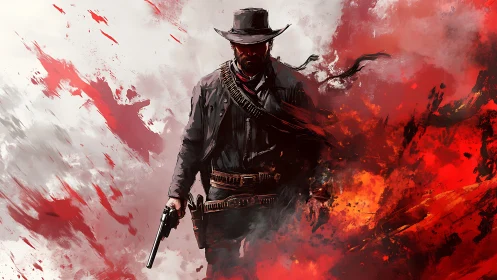 Silhouetted gunslinger emerges through dynamic red splatter field