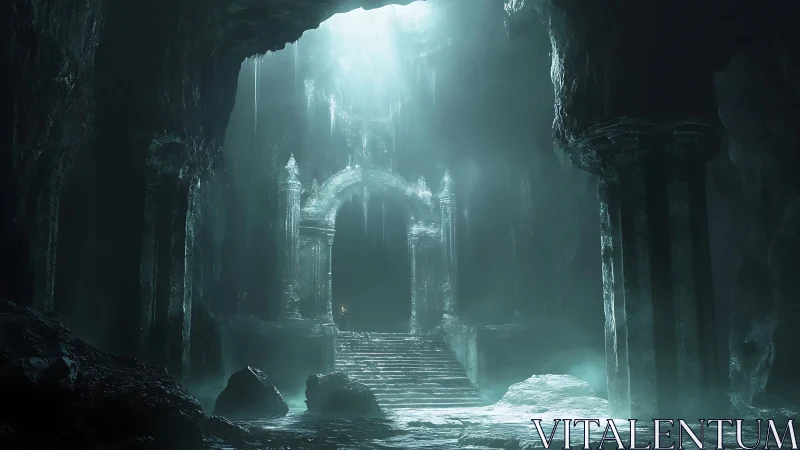 Ancient stone gateway rises in a mist-filled subterranean cavern