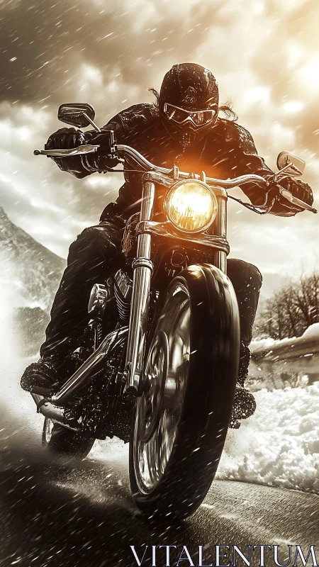 Motorcyclist accelerates through wet winter road under dynamic backlight