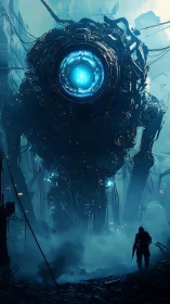 Colossal cyclopean war mech confronting lone armored figure