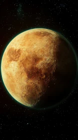 Rendered rocky planet is shown in partial illumination in space