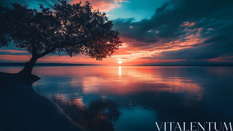Solitary shoreline tree leans into a neon-painted sunset hush