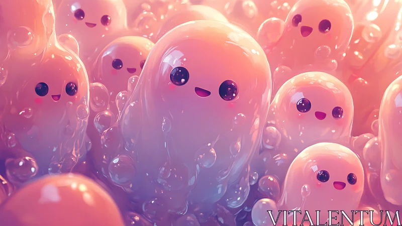 Giggling jelly spirits bob through a glowing pastel foam dream