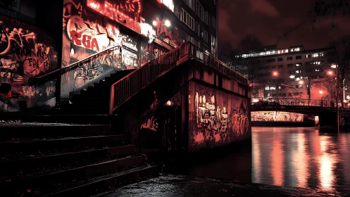 Noir riverside stairs with red-lit graffiti under city night.