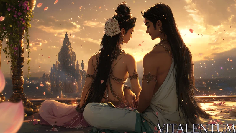 Sunlit royal lovers framed against a distant temple skyline