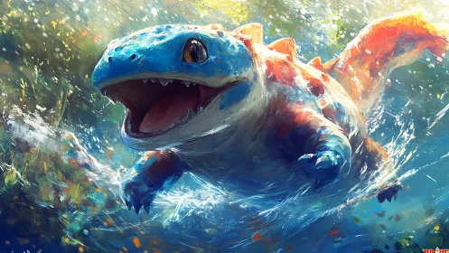 Energetic blue reptile diving through splashing water.