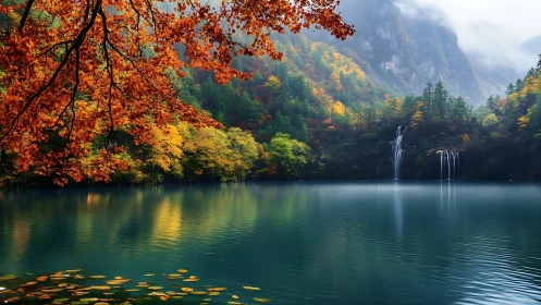Mountain lake with autumn foliage and distant waterfalls.