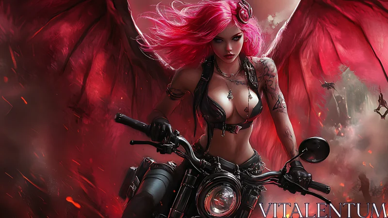 Demonic biker angel rides through blazing crimson storm