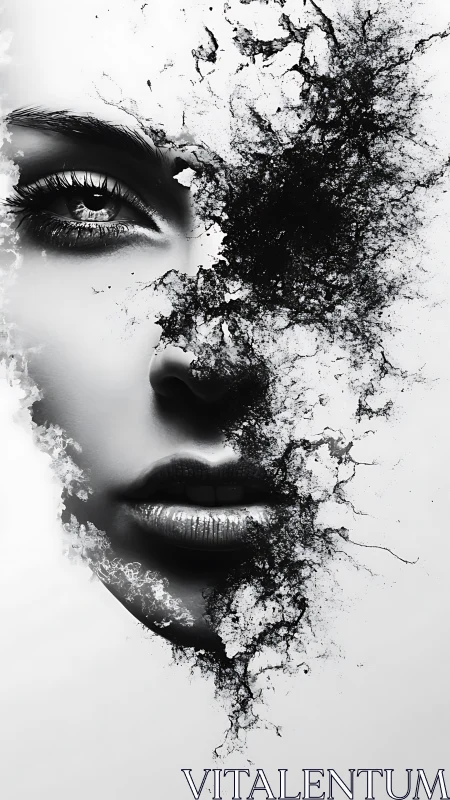 Fragmented monochrome portrait dissolving into ink splashes.