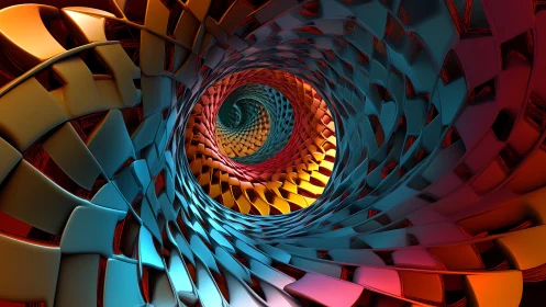 Colorful spiral tunnel of woven light and metal dreams.