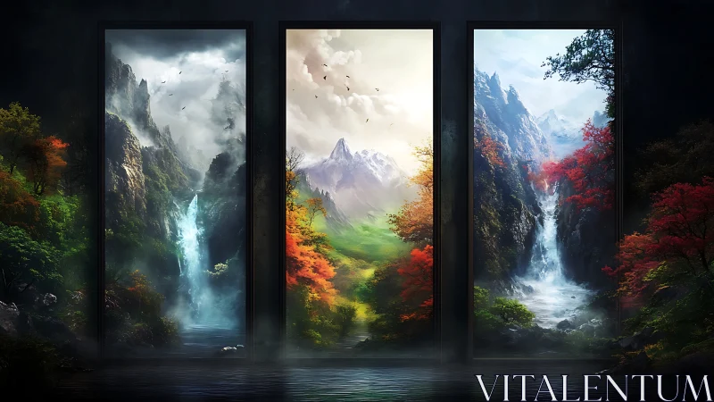 Triptych landscape portals with mountains and waterfalls.