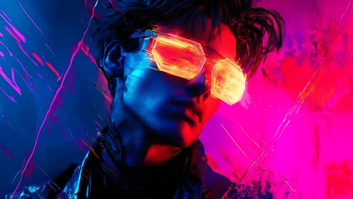 Neon glasses glow boldly around a futuristic cyberpunk dream