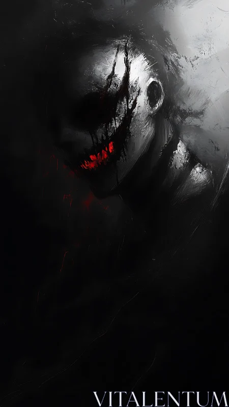 Sinister monochrome specter with torn red mouth emerging.