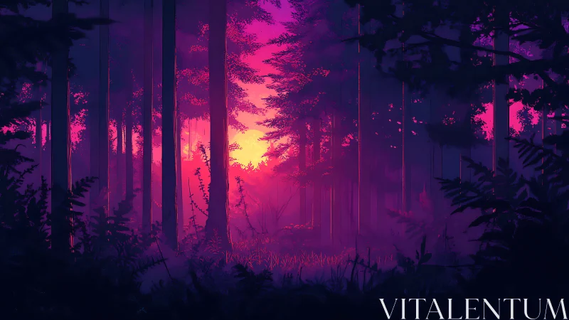 Neon Forest Sunset: Synthetic Landscape with Vibrant Magenta Atmospheric Haze