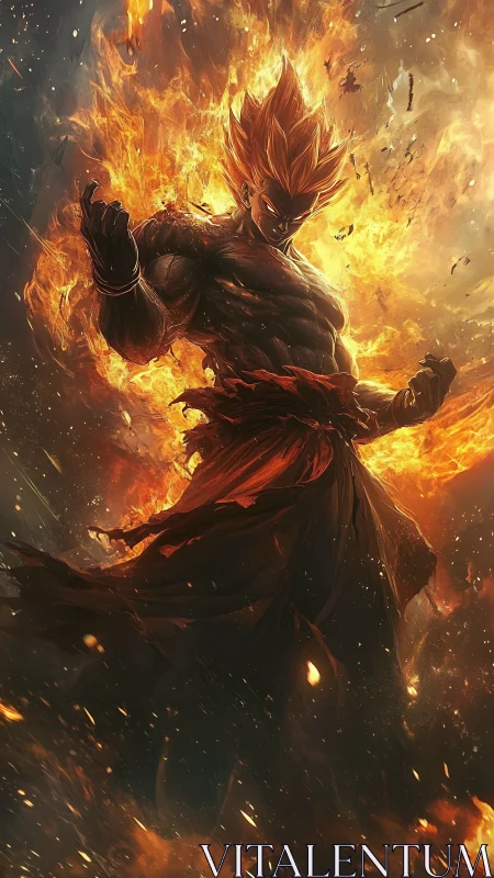 Flame wrapped warrior stands in dynamic vertical composition