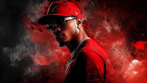 Bold rapper in red stands strong against vivid smoky color