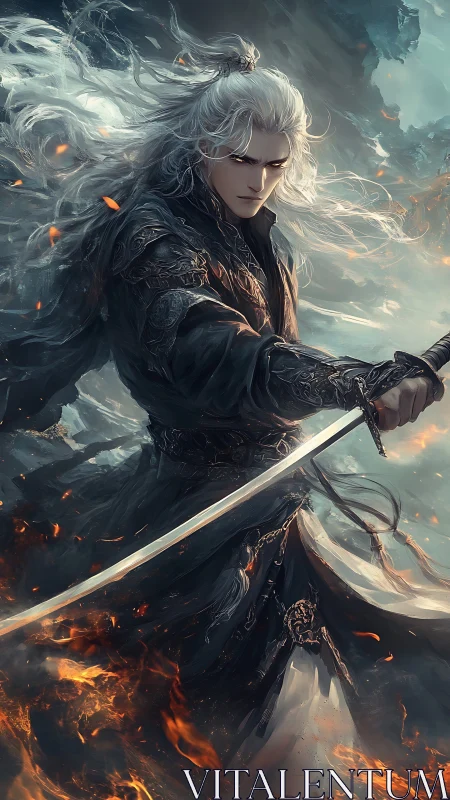 Silver haired warrior with sword amid wind and flame.