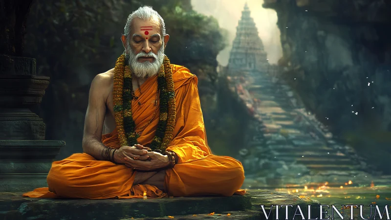Serene orange-robed sage meditating before misty stone temple.