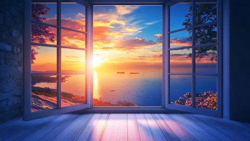 Sunset ocean view framed by open window interior scene.