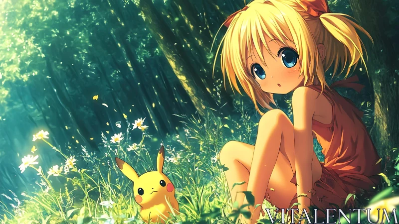 Anime girl and yellow creature resting in sunlit forest.