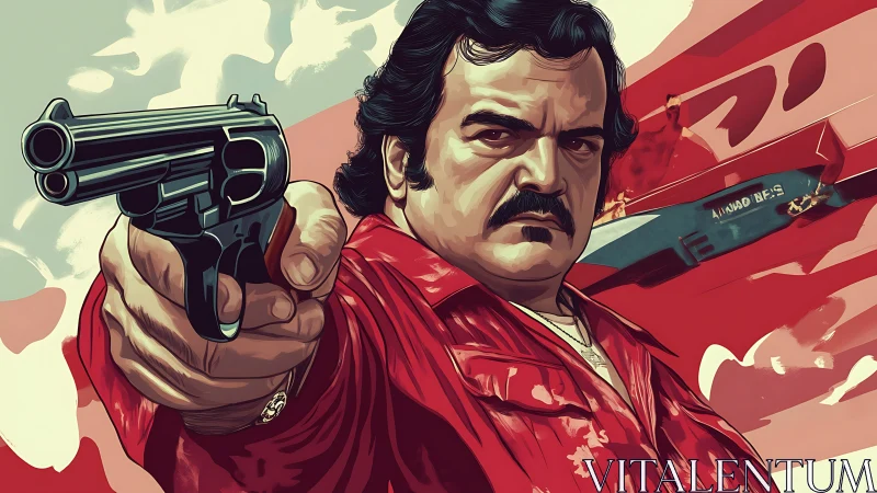 Gunman in red shirt aims revolver against bold red backdrop