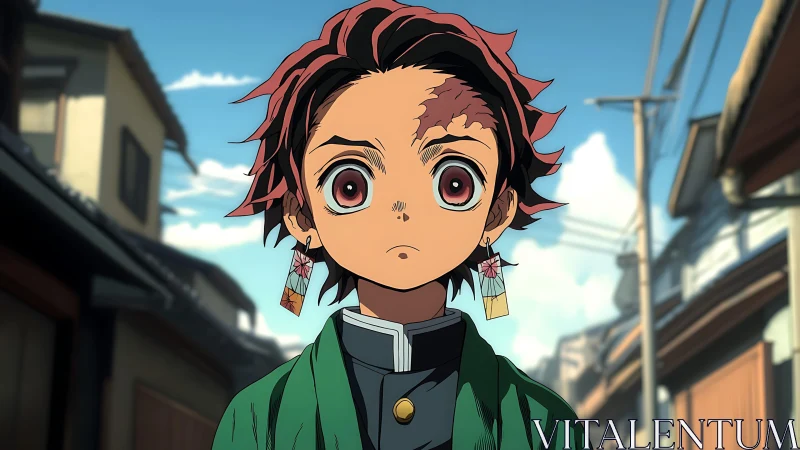 Anime street portrait with scarred youth and pendant earrings.